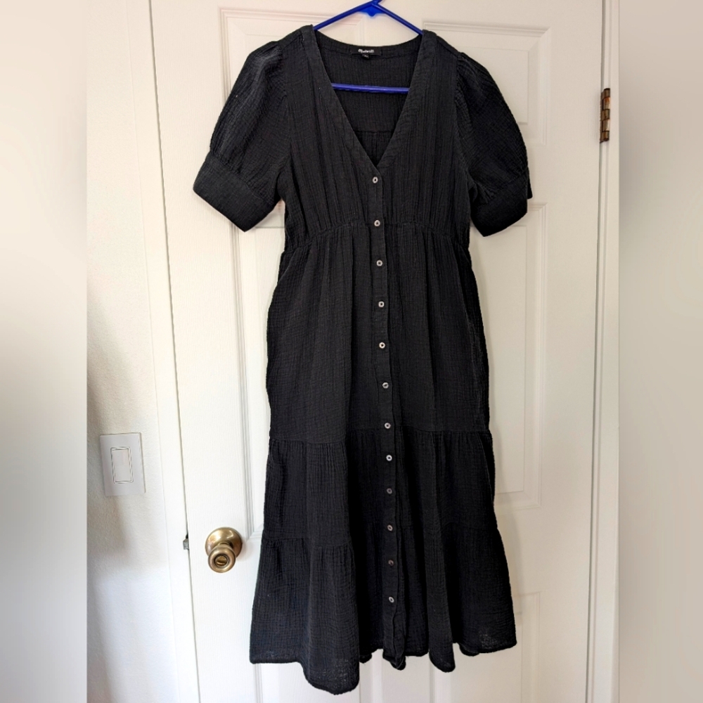 MADEWELL Lightspun Tiered Button Front Midi Dress black, Size 4